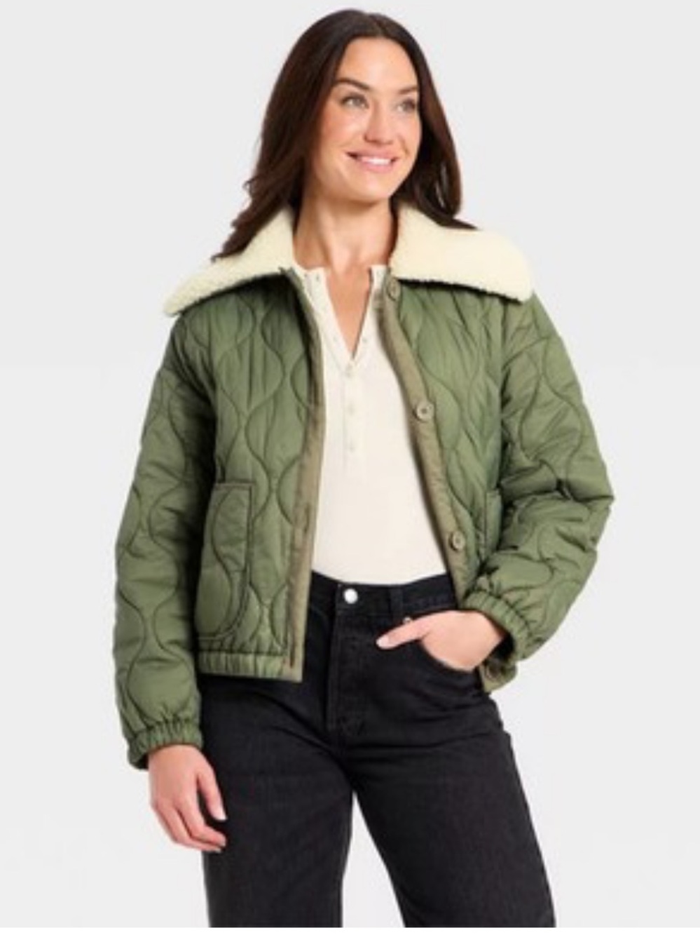 NWT Universal Thread Olive Green Quilted Puffer Jacket w White Sherpa Collar SzS
